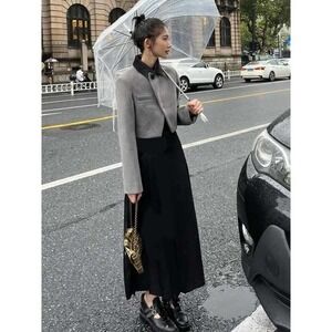 Fashion Classic Gray Cropped Blazer and Black Pleated Maxi Skirt Set 9402‎ XL